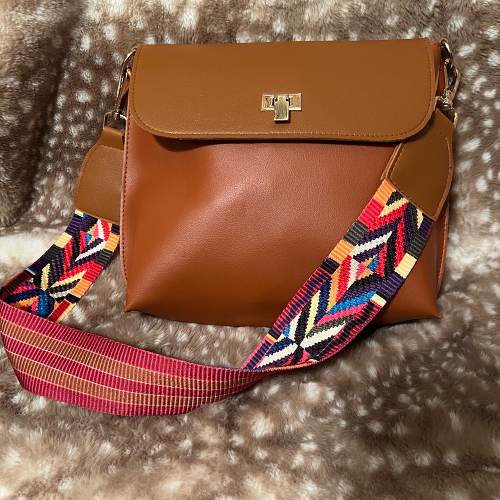 Elegant Tan Crossbody Bag with Colorful Strap